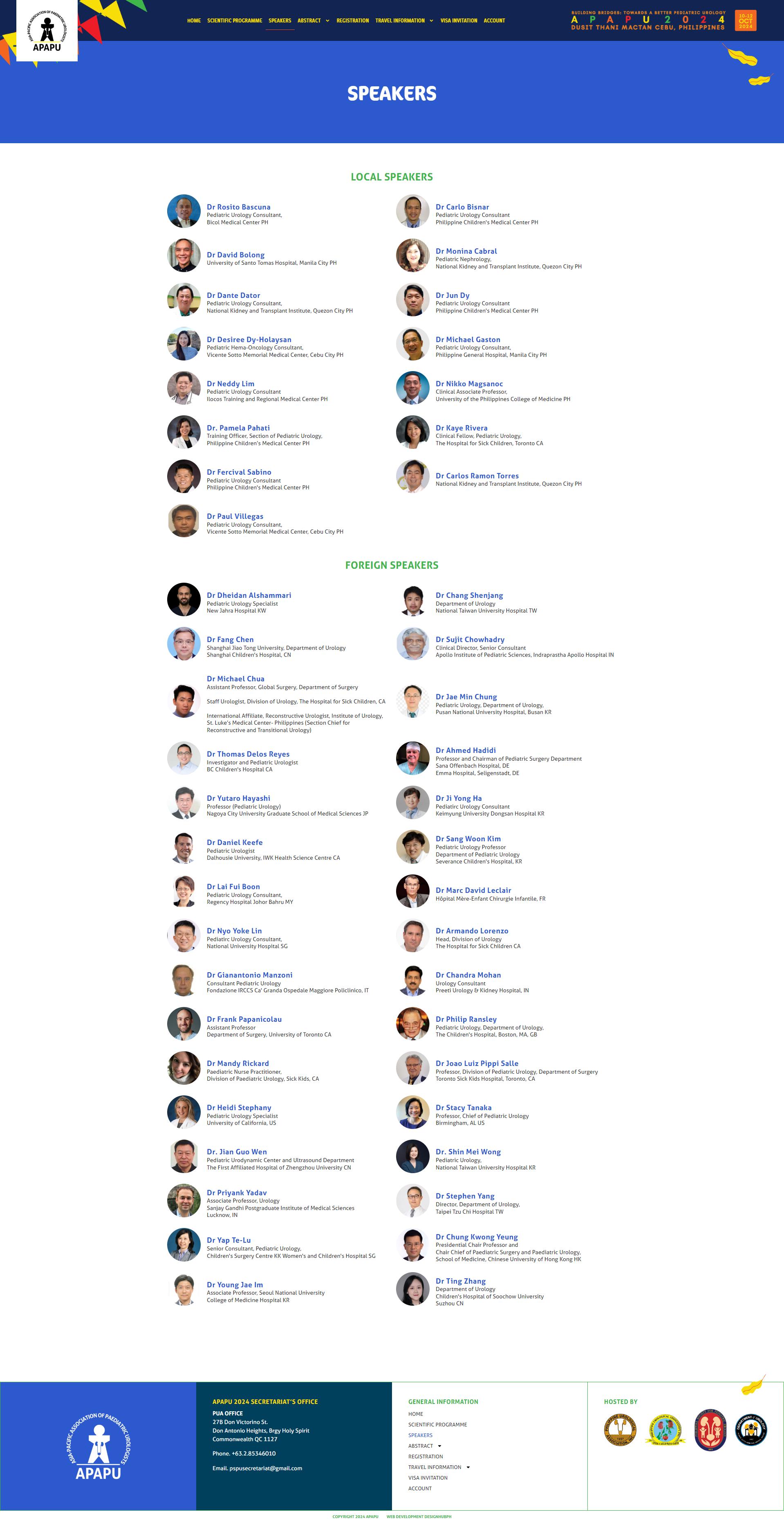APAPU 2024 speakers page listing local and foreign pediatric urology faculty with their institutions