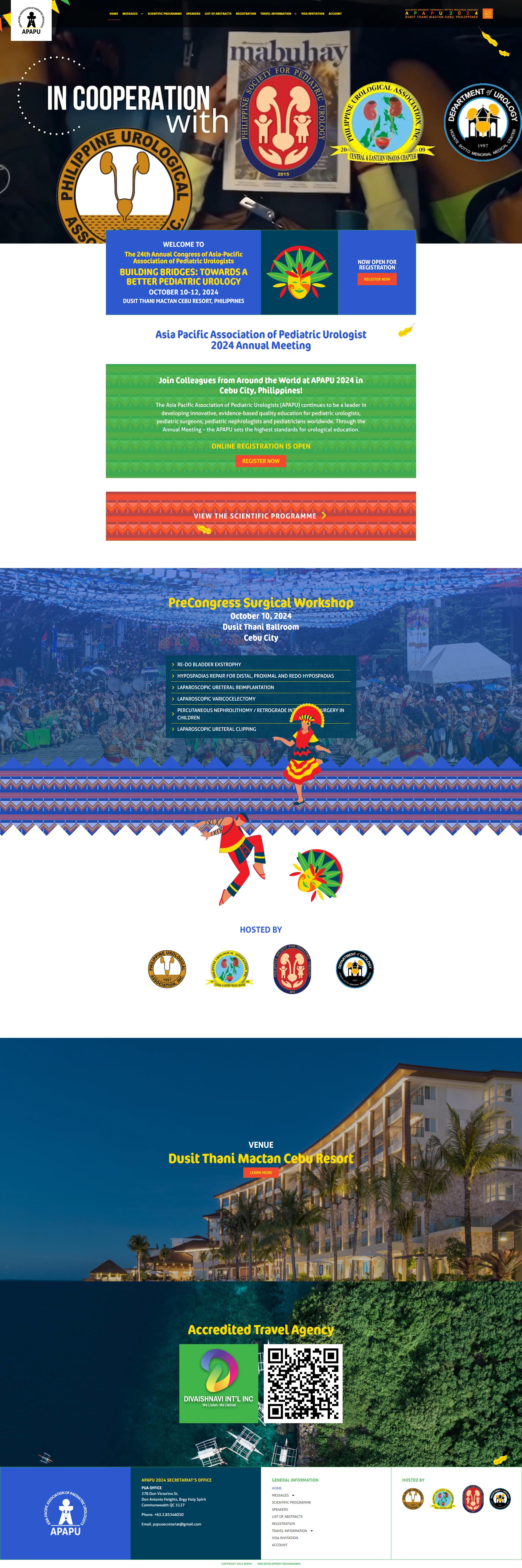 APAPU 2024 homepage with partner society logos, congress welcome text, and pre-congress surgical workshop details