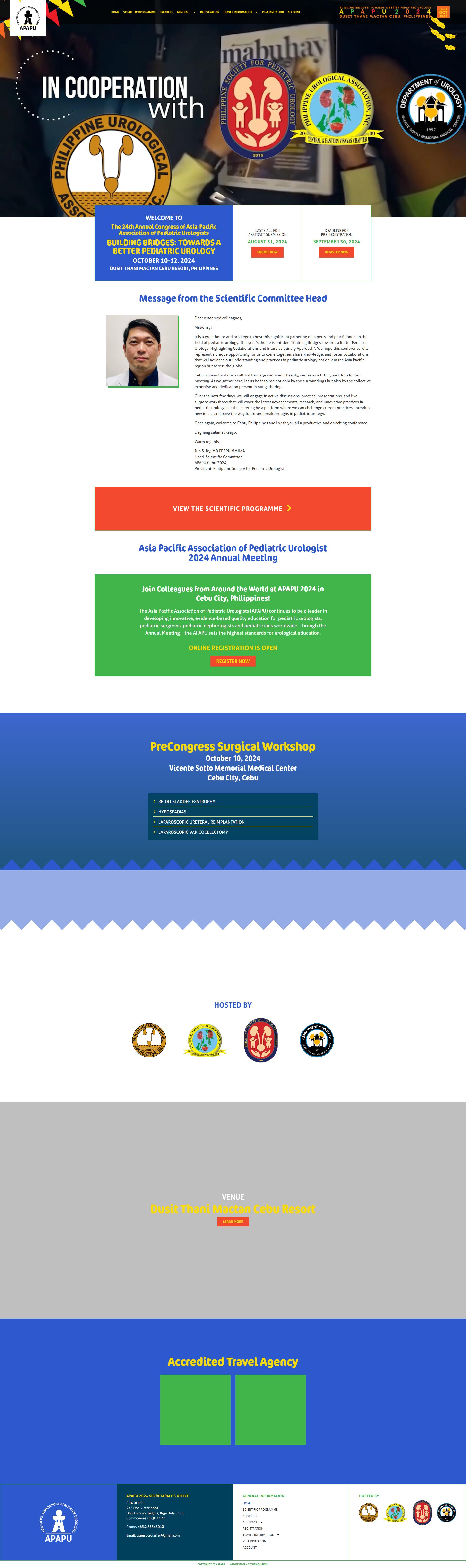 APAPU 2024 homepage draft with early-bird registration dates, a scientific committee message, and placeholder media