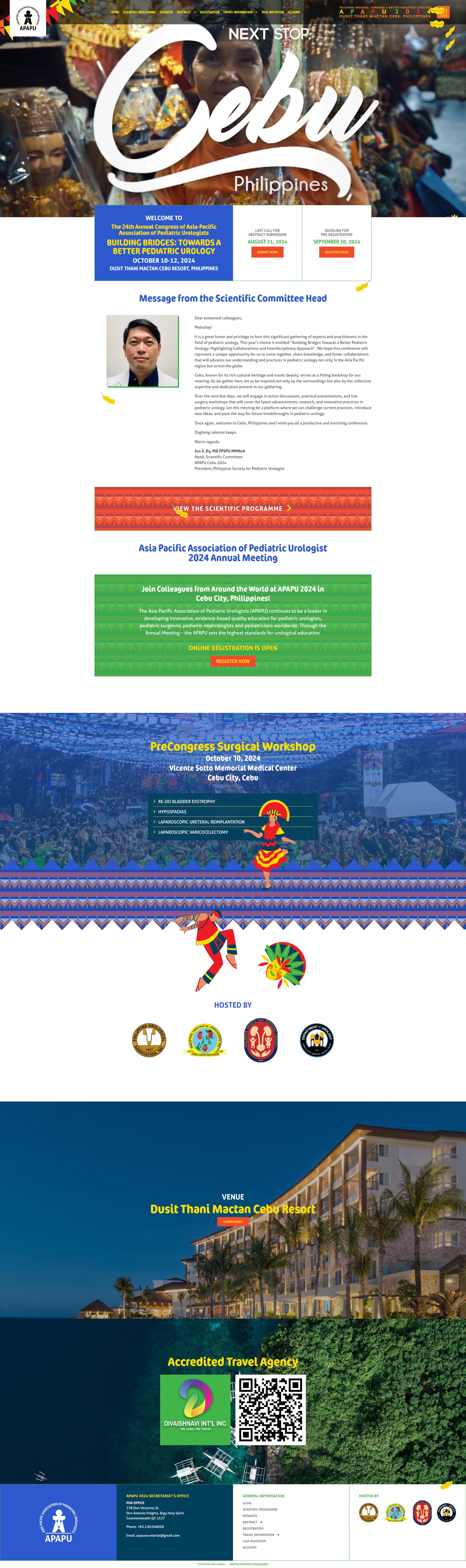 APAPU 2024 homepage with the Cebu hero, early-bird rates, committee message, workshop, venue, and travel sections