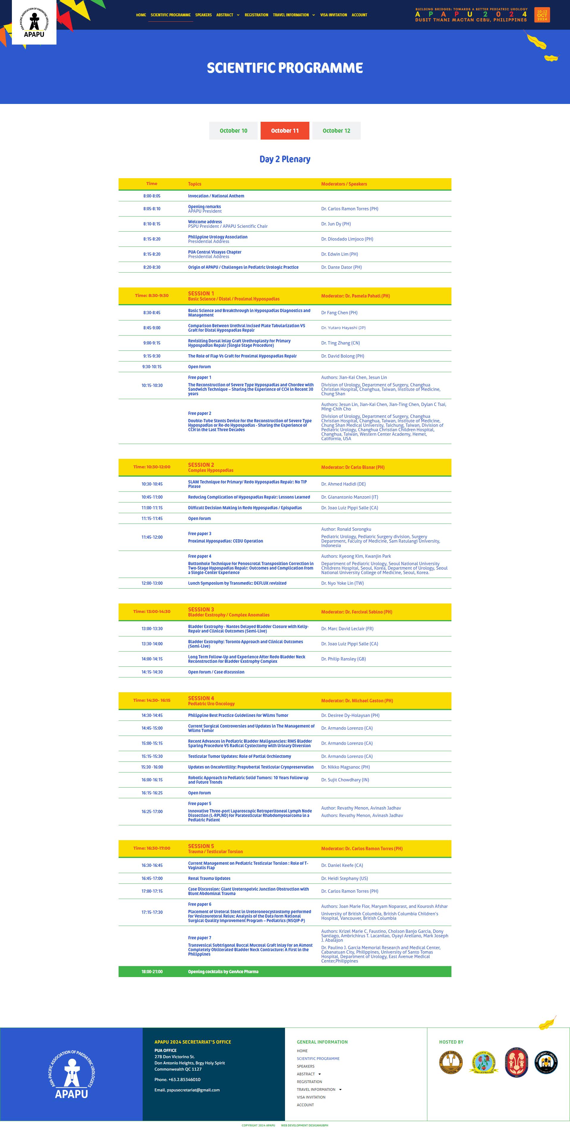 APAPU 2024 scientific programme page showing the Day 2 plenary schedule with session moderators and speakers