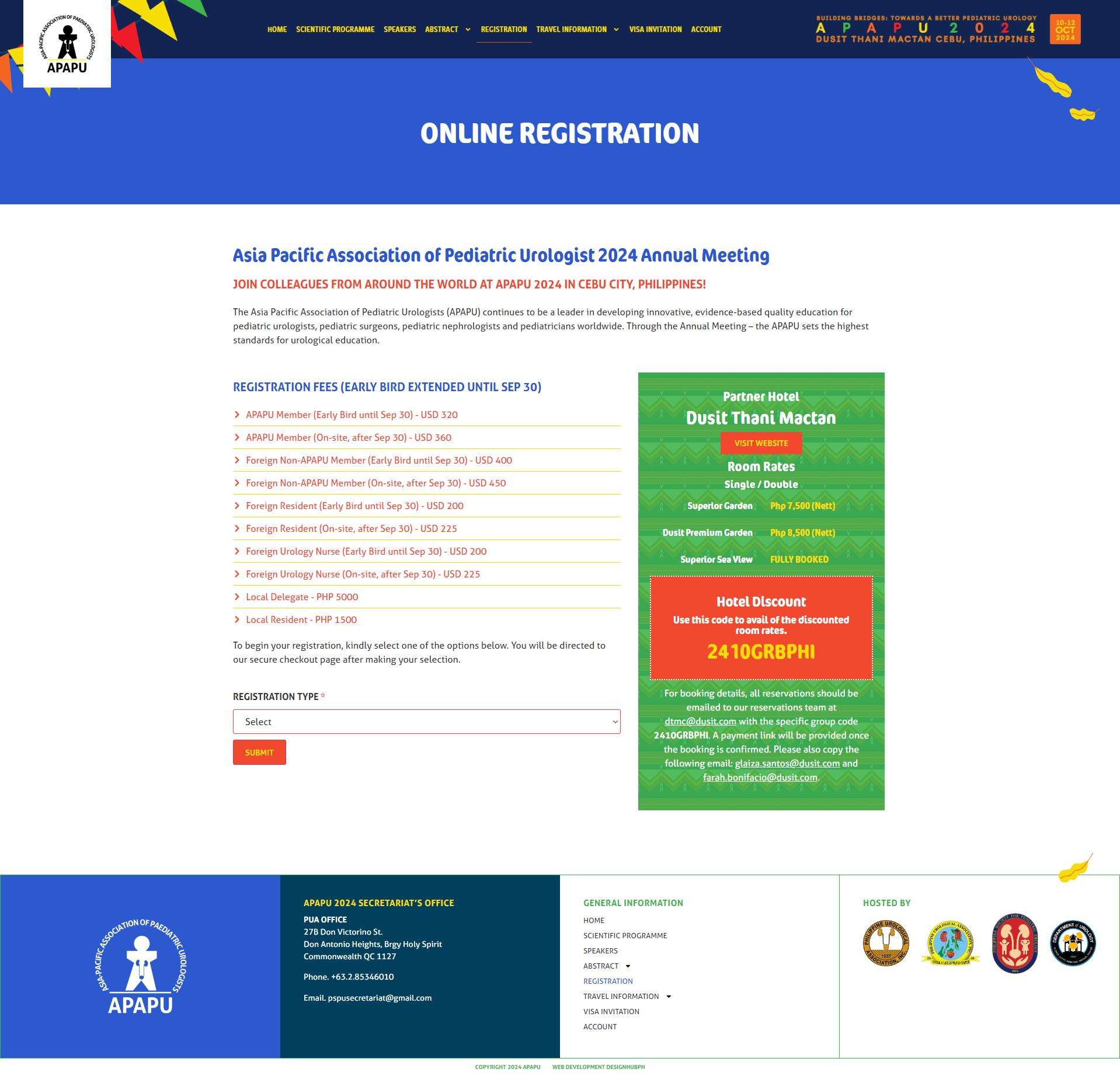 APAPU 2024 online registration page listing delegate registration fees and Dusit Thani Mactan partner hotel rates