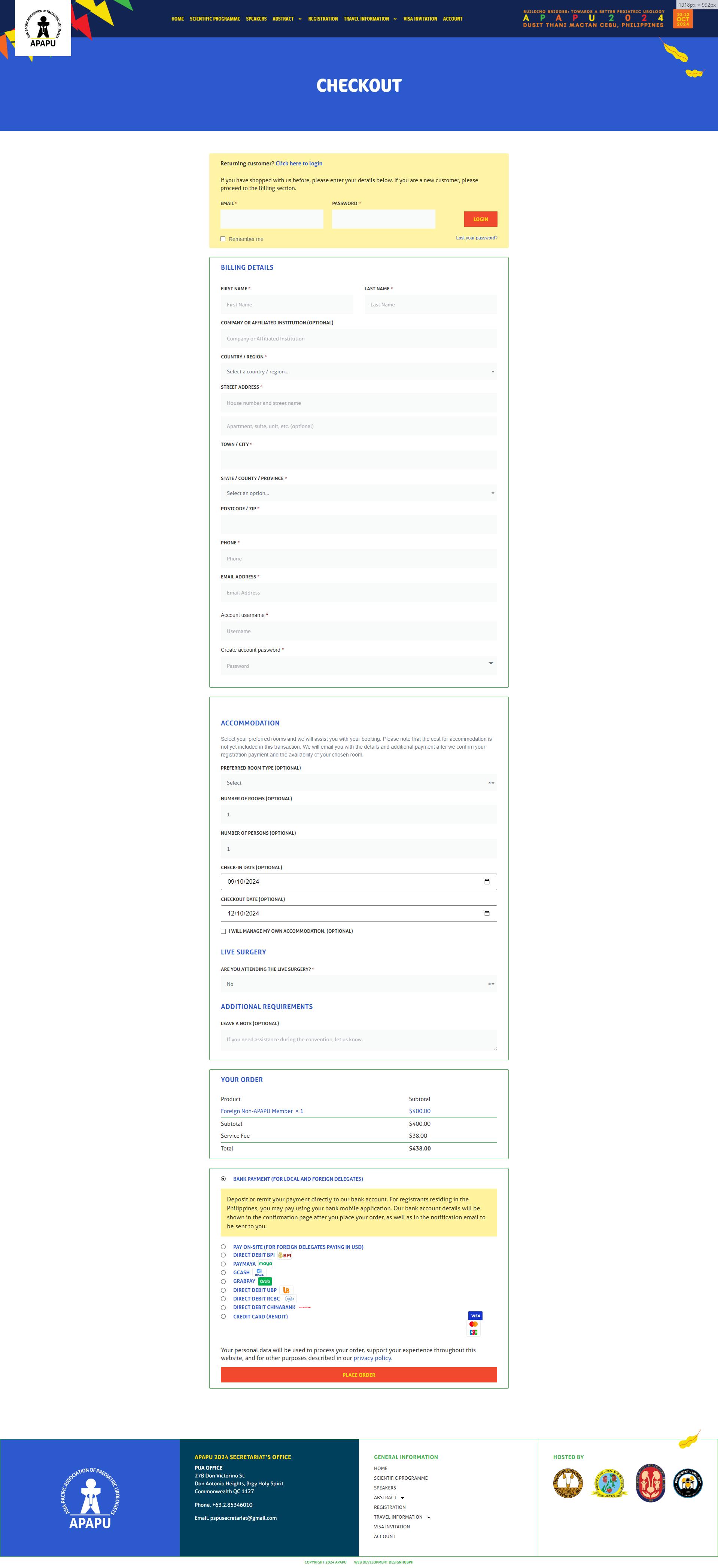 APAPU 2024 checkout page with billing details, accommodation, live surgery option, and delegate order total
