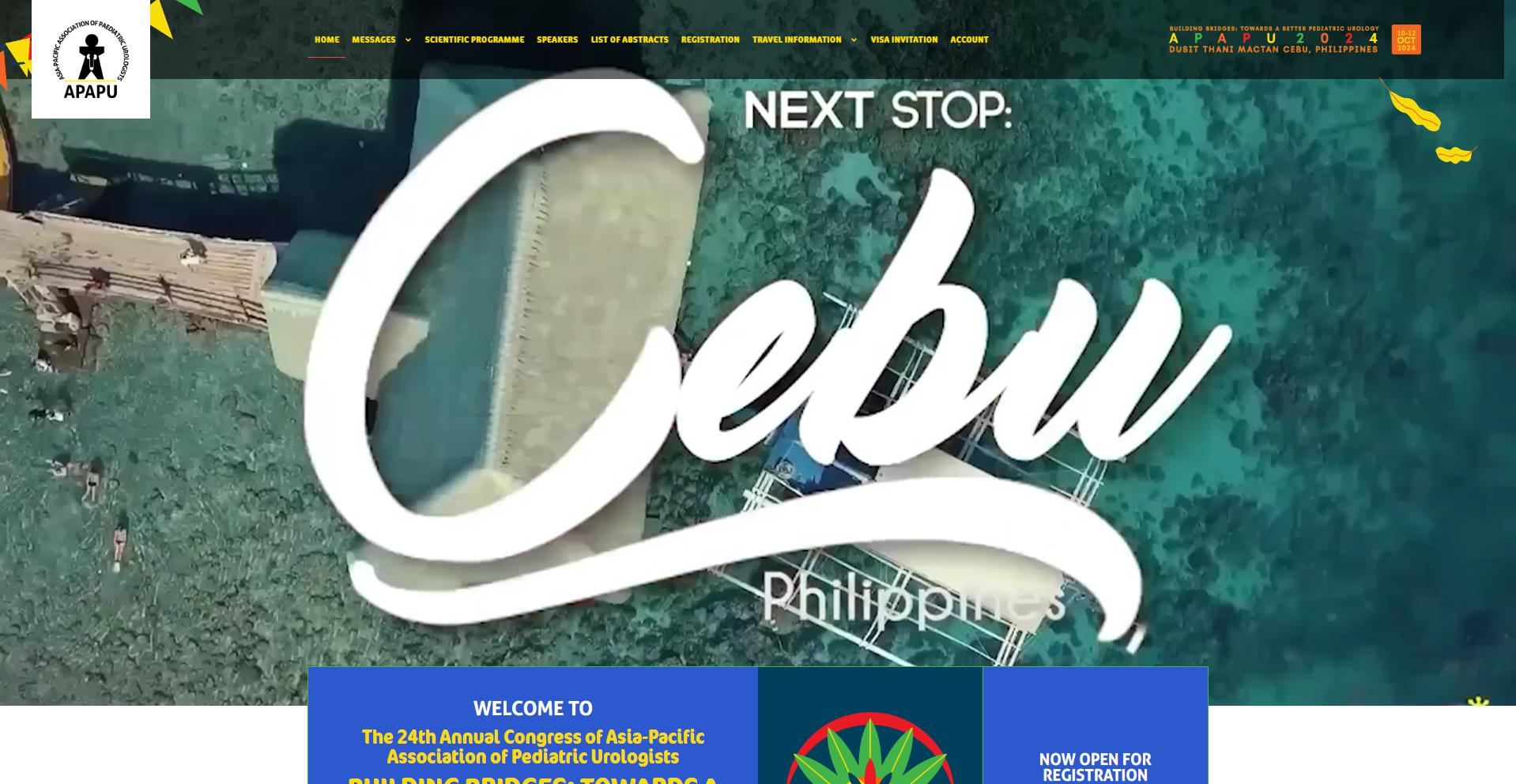 APAPU 2024 congress website homepage hero with the Cebu, Philippines destination banner over aerial island footage